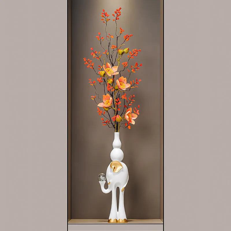 Entrance Cabinet,Vertical Elephant Vase Decoration,Living Room Flower Arrangement Device,Simulated Magnolia Flower Decorations