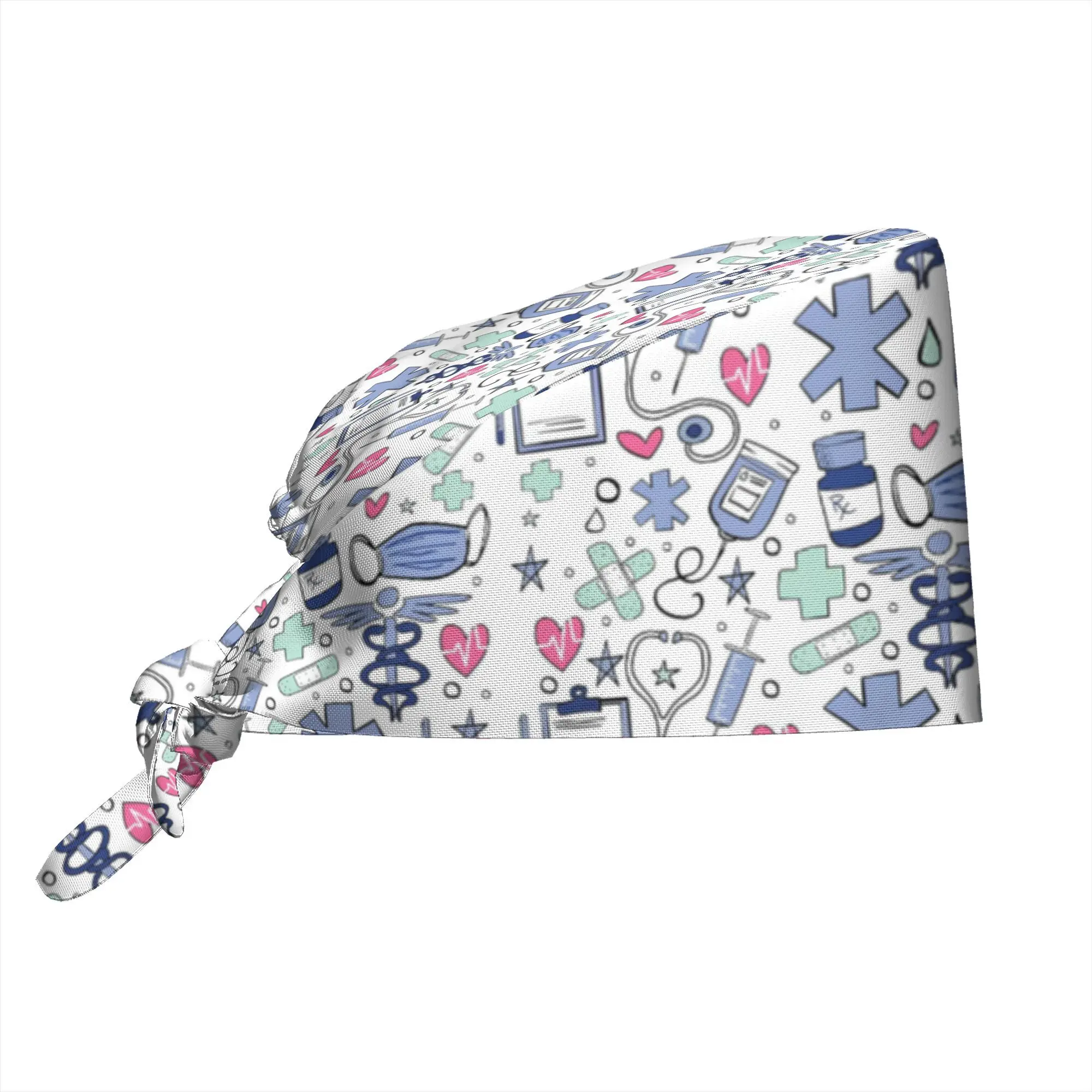 Medical Elements Print Scrub Cap Soft Adjustable Working Cap with Sweatband Stethoscope Heart Pattern for Nurses Doctors