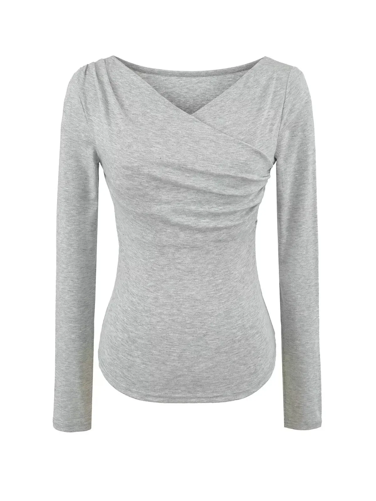 Women's Long Sleeve V-Neck Cross Shoulder T-Shirt Cotton Polyester Blend Sporty Casual Style Slim Fit Folded Hem Base Shirt