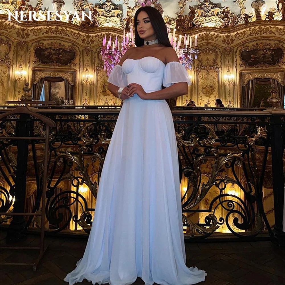 

Nersesyan Elegant Formal Prom Dresses Off Shoulder Sweetheart A-Line Short Sleeves Evening Dress Backless Pageant Party Gowns