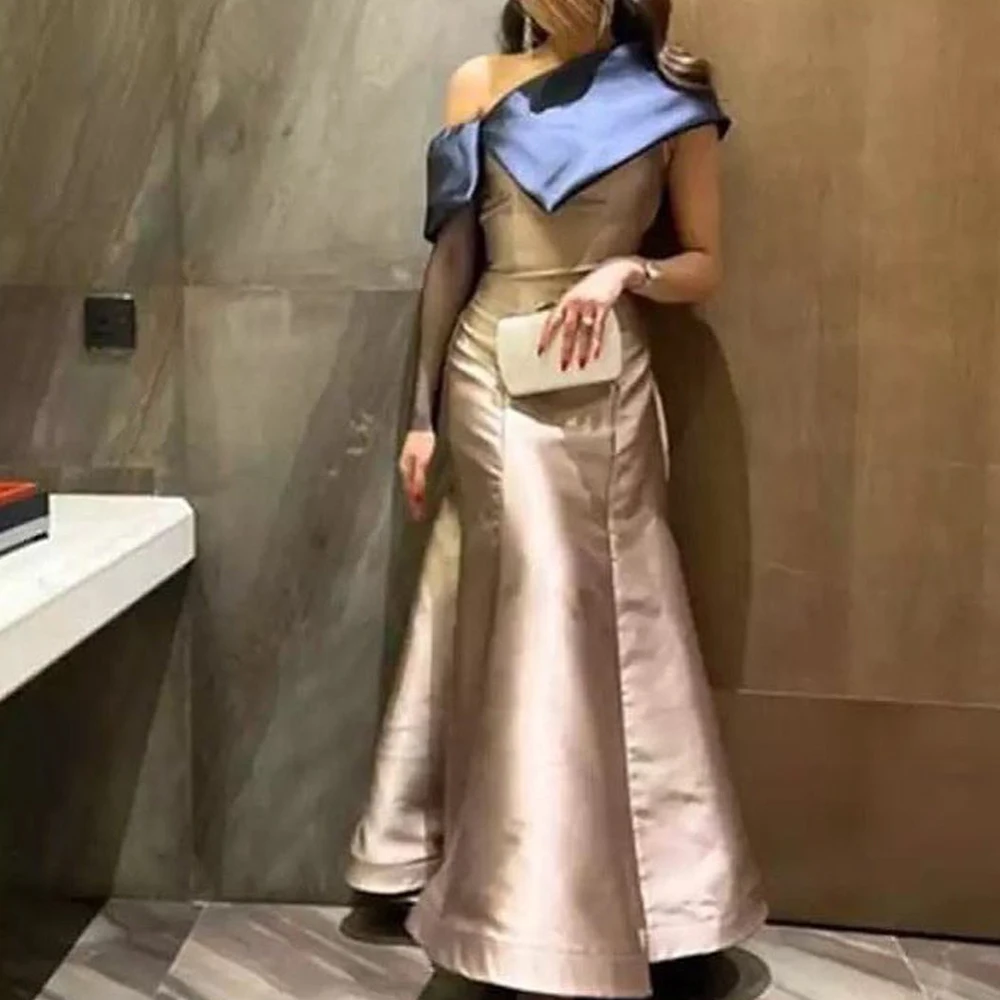 Customized Classic Off the Shoulder One Shoulder Pleats Party Gowns Temperament Mermaid Satin Champagne Prom Gowns فساتين سهرة