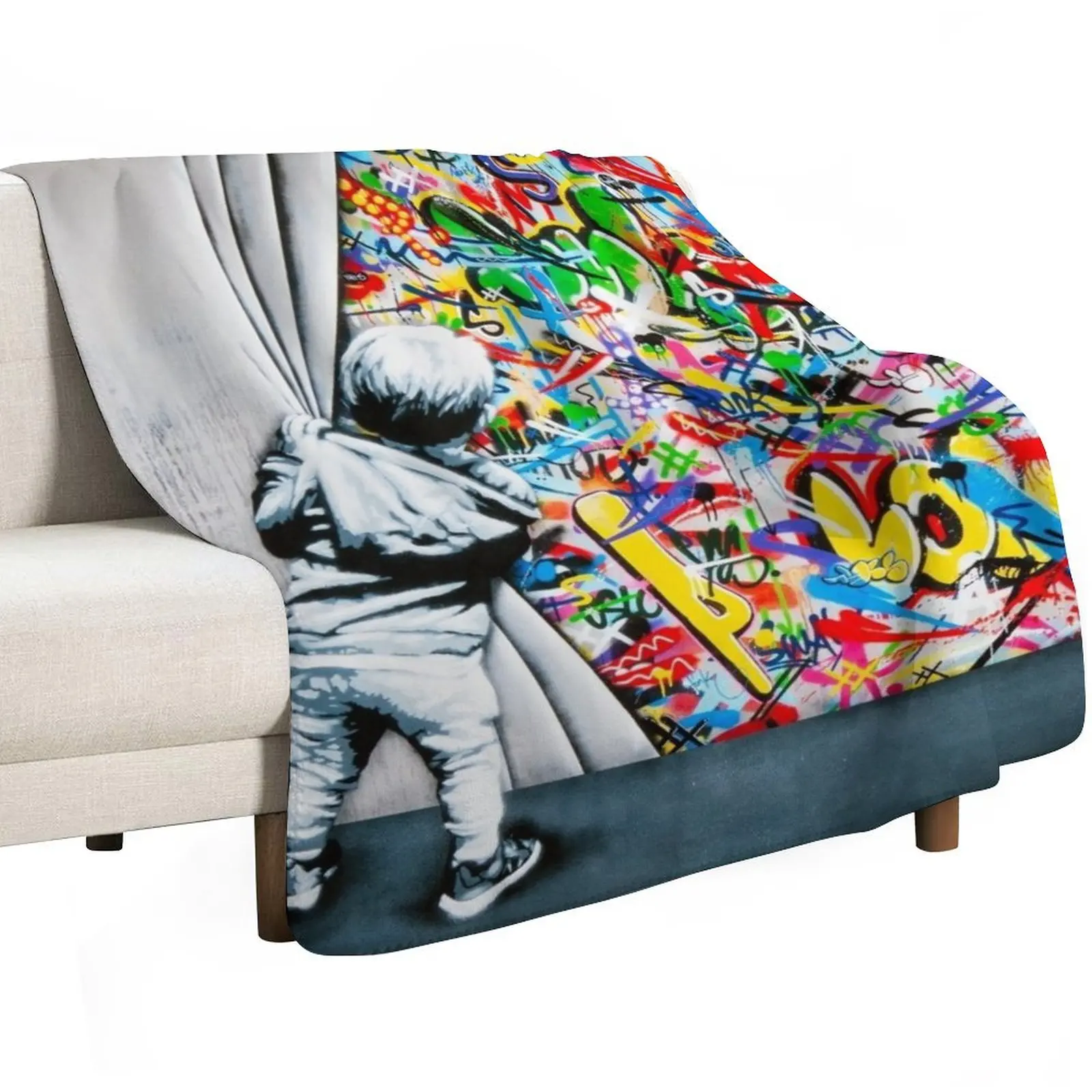 Behind The Curtain Boy - Colorful Graffiti Pop Art - Banksy Street Art Mural Throw Blanket Luxury Brand Bed Summer Blankets