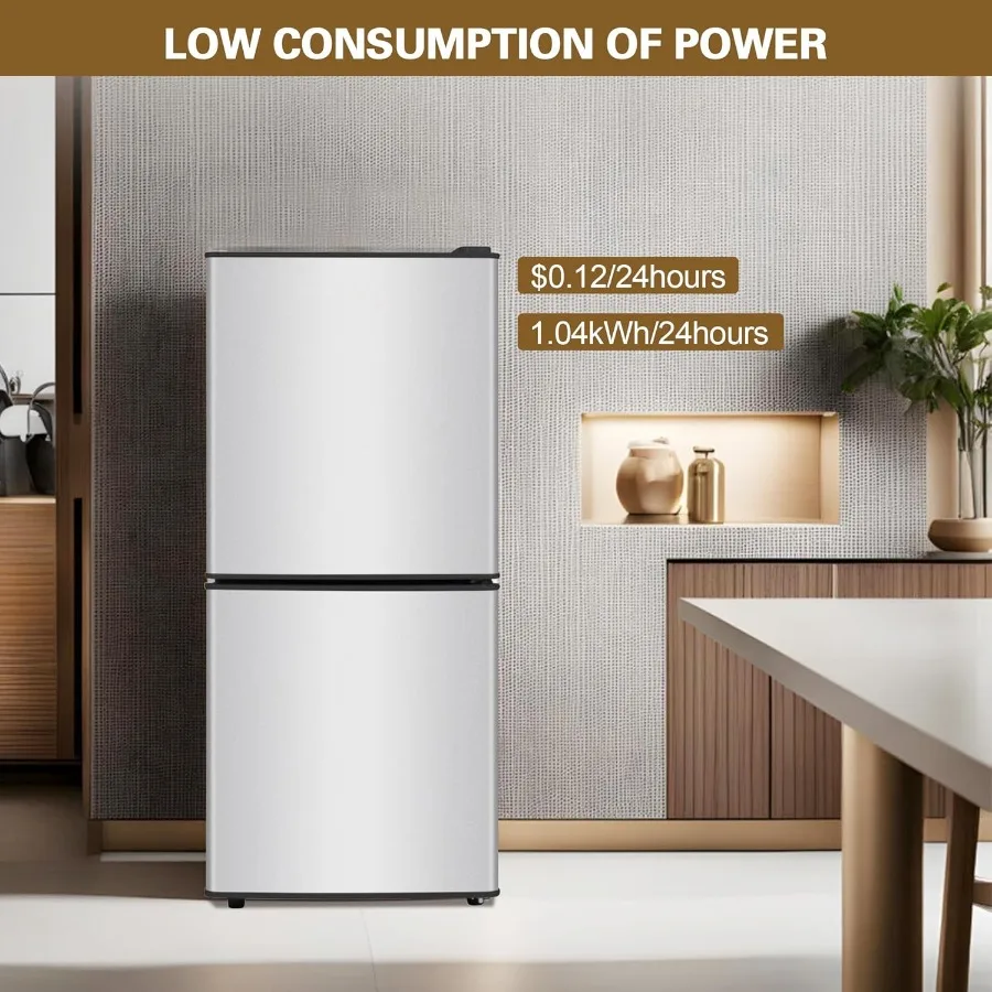 مدمج 4.0 مكعب. قدم. ثلاجة صغيرة ببابين مع فريزر وتحكم في ترموستات 7 مستويات للمكتب وغرفة النوم باللون الفضي - الطاقة