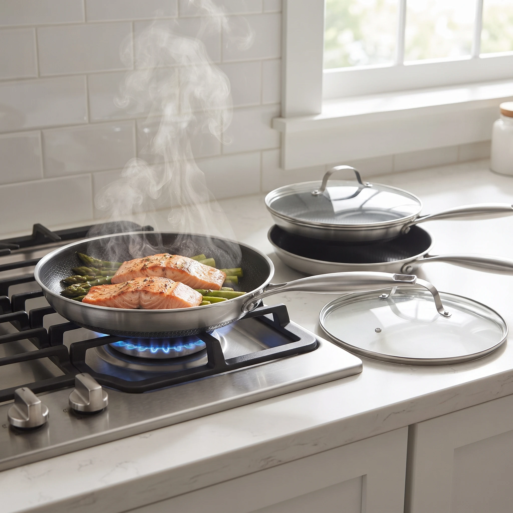 Stainless Steel Frying Pan Set with Lids 3 Piece Nonstick Skillet 8 10 11 Inch Tri Ply Clad Induction Compatible Oven Safe Dishwasher Safe PFOA Free Cooking Pans for All Stovetops Kitchen Cookware Sets