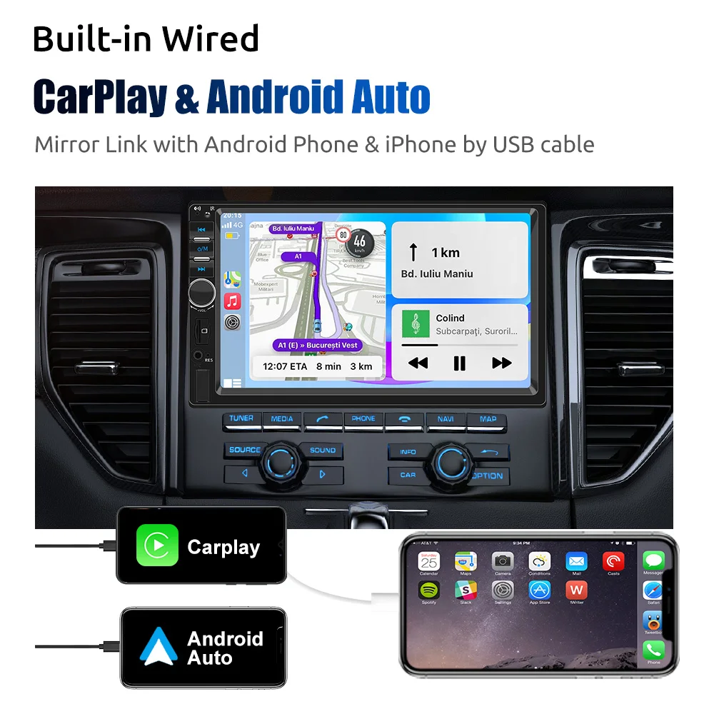 ESSGOO 7 بوصة عالمية 1 DIN سلكية Carplay أندرويد السيارات راديو ستيريو السيارة مشغل Mulitimeda مرآة ربط Tourscreen BT FM AUX TF #4