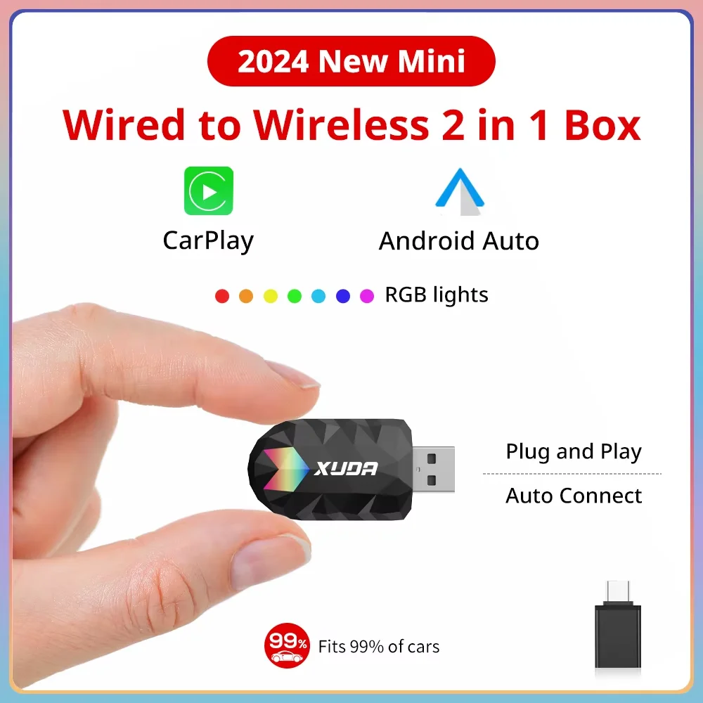 XUDA 2w1 Bezprzewodowy CarPlay AI Mini Box Android Auto Box Plug&Play Automatyczne połączenie Kompatybilny ze 99% samochodów Do radia samochodowego