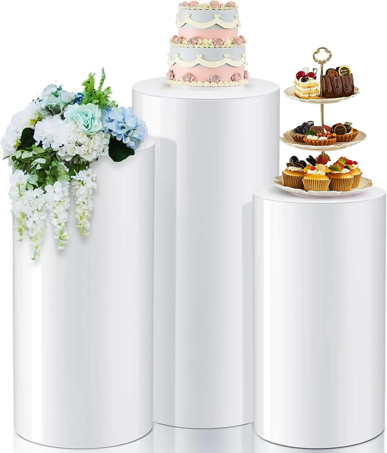 

3Pcs Cylinder Stand for Party Large White Cake Pedestal Stand Round Reusable Dessert Display Tables for Birthday Wedding Party