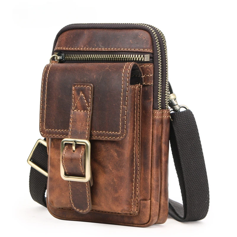 

Crazy Horse Leather Men's Shoulder Crossbody Large Capacity Storage Wallet Fashionable Casual Sports Mobile Phone Waist Bag