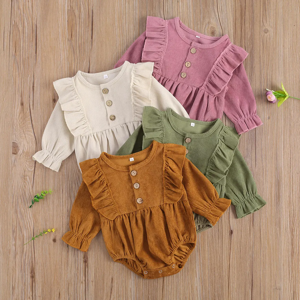 Infant Baby Girl Corduroy Romper Newborn Baby Girl Solid Causal Long Sleeve Jumpsuit With Button Closure Spring Autumn Clothing