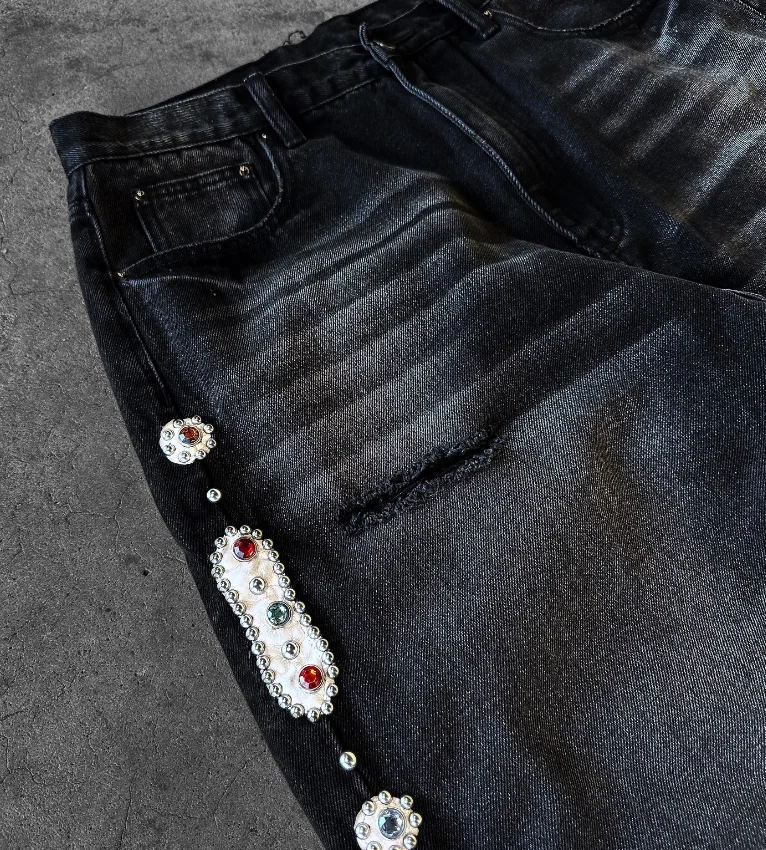 펑크 빈티지 라인 석 장식 검은 청바지 Y2k 아메리칸 스타일 streetwear 헐렁한 넓은 다리 청바지 남자 찢어진 데님 바지 w859