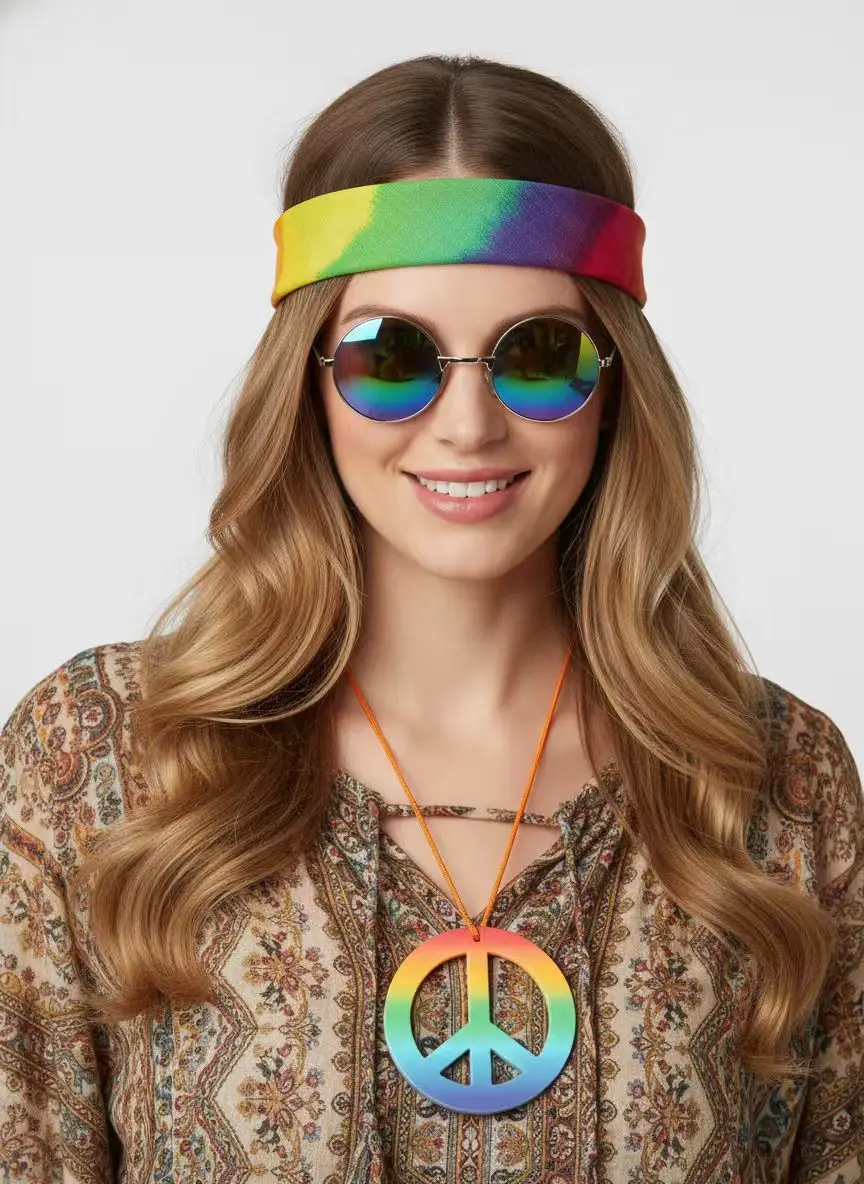 60S 70S Hippie Clothing and Accessory Set, Rainbow Tie-Dye Headband, Round Reflective Sunglasses, Peace Sign Necklace, Unisex Retro Bohemian Halloween Cosplay Party Costume
