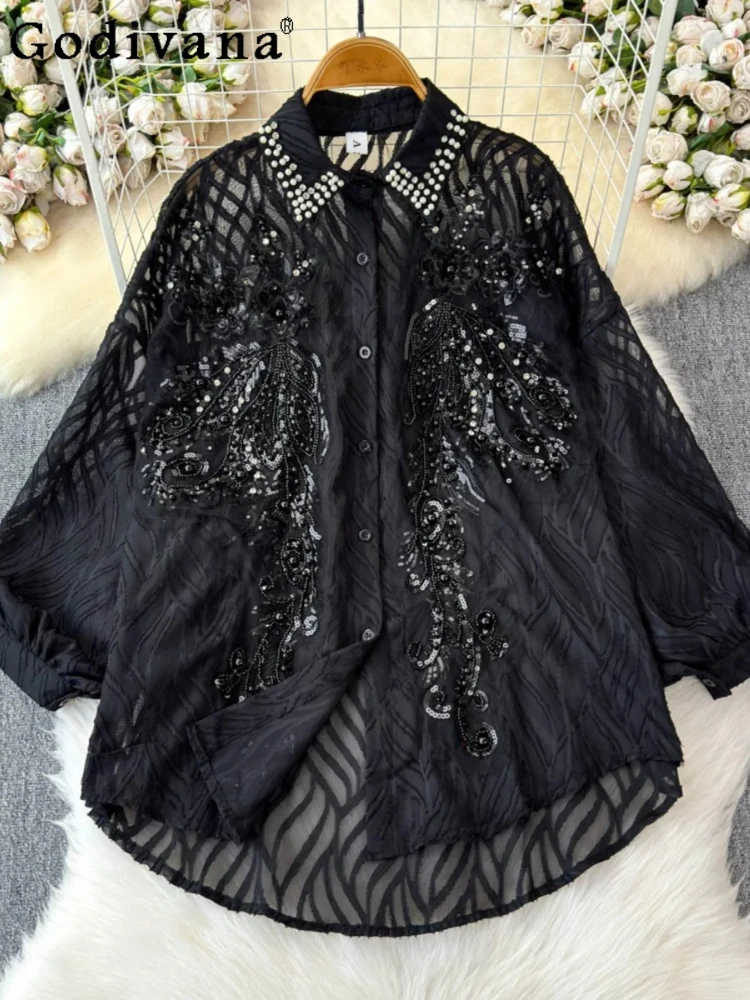

Summer Girl French Heavy Industry Sequin Embroidery Diamond Versatile Age Reduction Shirt New Lantern Sleeve Loose Sunscreen Top