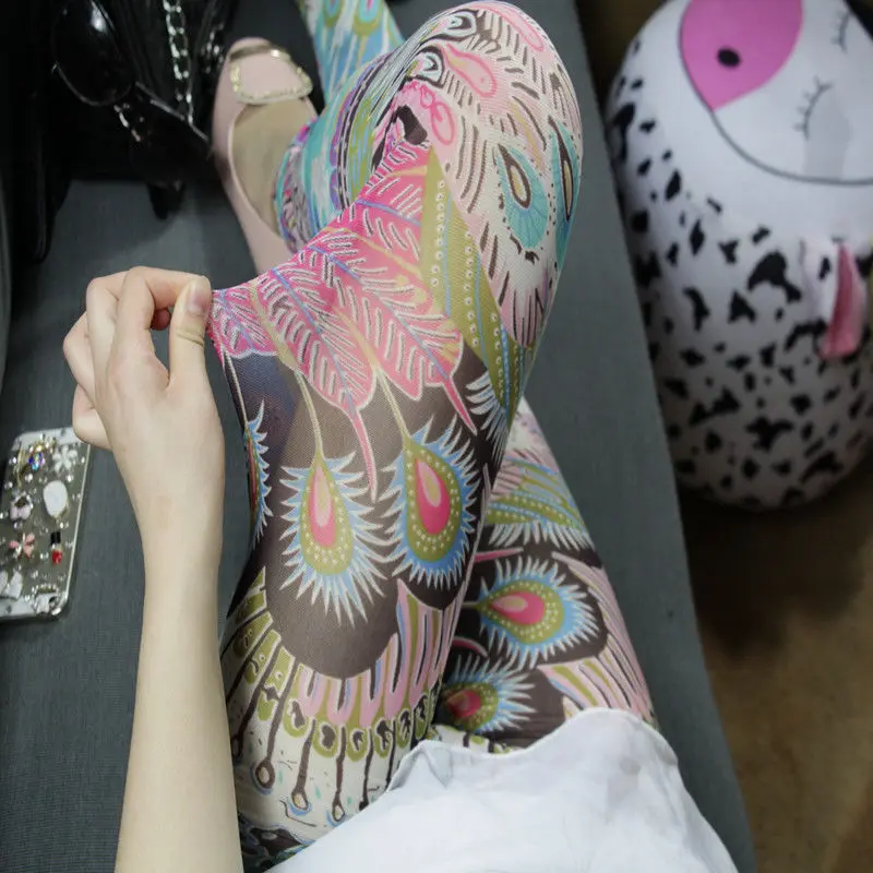 

2026 Summer New Mesh Leggings for Women Thin High Waist Stretch Colorful Boho Print Ankle Length Pants Casual Streetwear