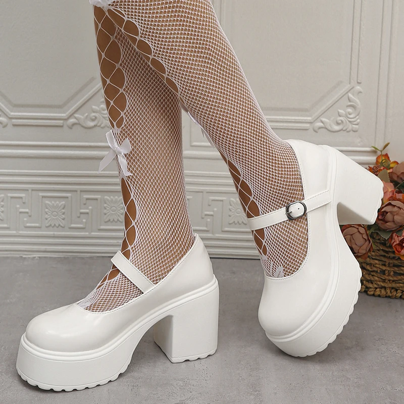 White Platform High Heels Pumps Women Patent Leather Chunky Heeled Mary Jane Shoes Woman Round Toe Buckle Strap Student Shoes