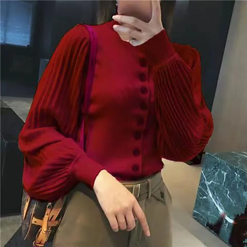 Fashion Turtleneck Spliced Folds Lantern Sleeve Shirt Women\'s Clothing 2023 Autumn Winter New Casual Tops Loose Korean Blouse