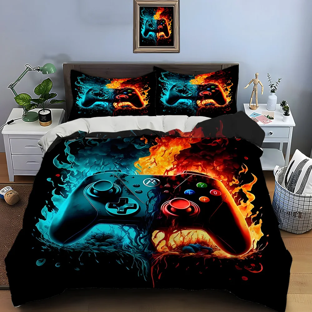 Game Controller with Ice and Fire Theme Bedding Set for Kids Luxury Gift 3pcs Digital Print Comforter Set Soft Comfortable