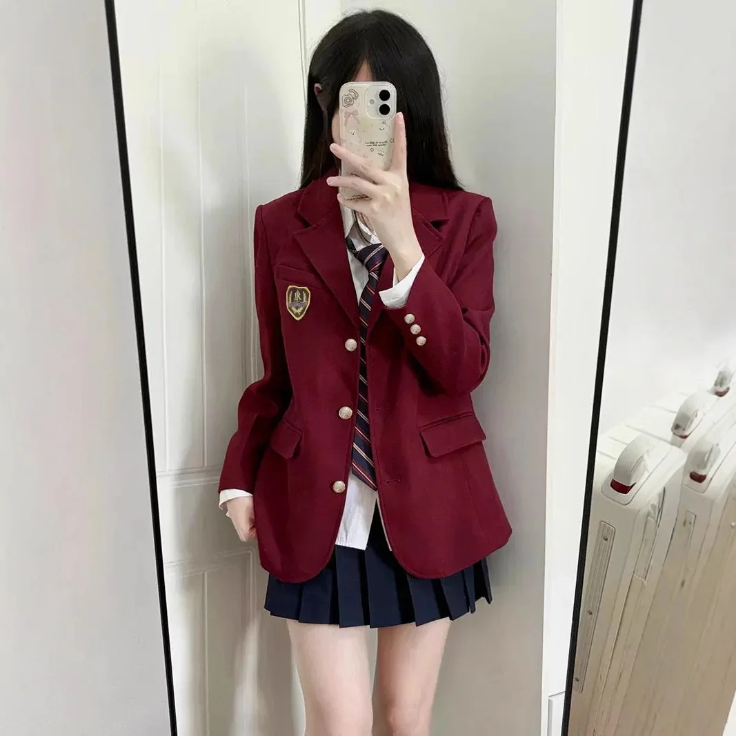 

Quality Women's Suit Jacket 2025 Spring Autumn New Style Japanese College Uniform Badge Wine Red Small Size Commute Style Reg...