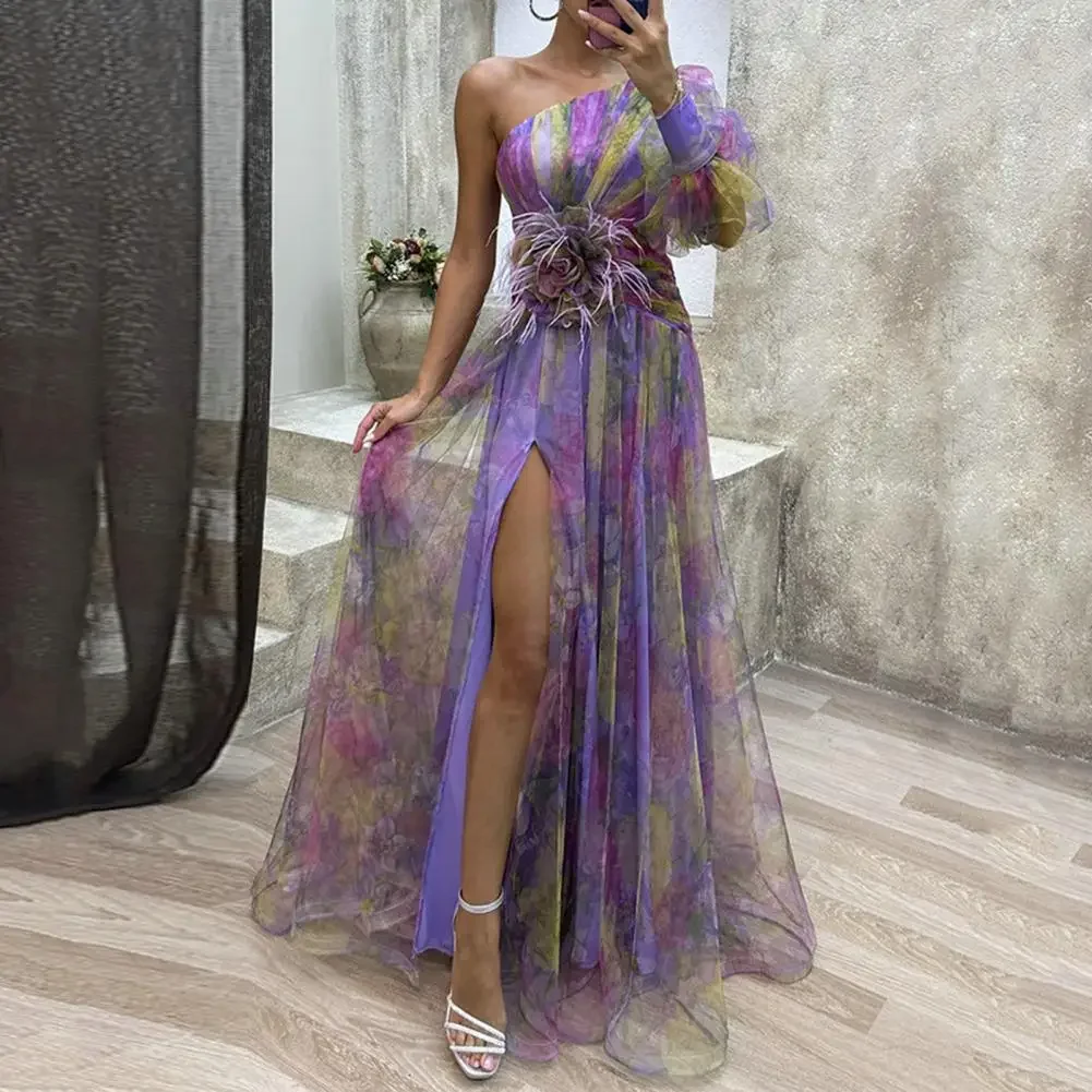 Elegancka sukienka na formalną imprezę Elegancka suknia balowa na jedno ramię z siateczkowymi rękawami typu bombka z rozcięciem Damska suknia wieczorowa