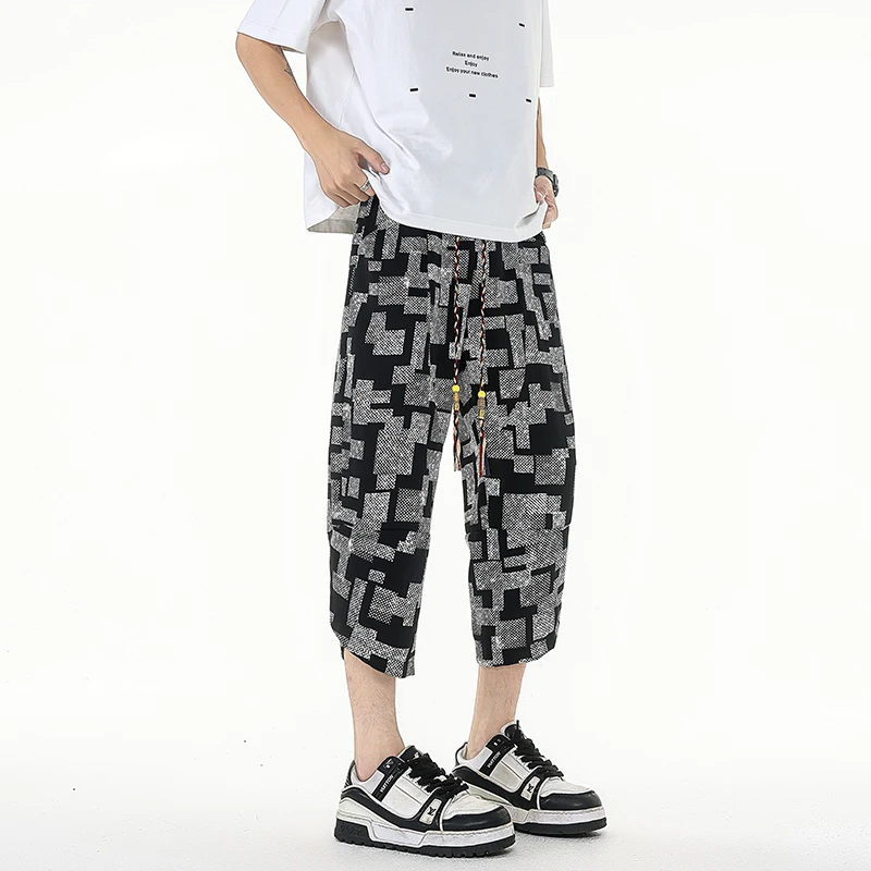 

Мешковатые брюки для мужчин, новинка 2024 года, брюки из ледяного шелка длиной до икры, шаровары, корейский стиль, уличная одежда в стиле хип-хоп, мужские брюки