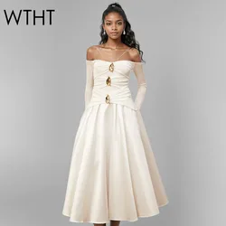 WTHT New Fashion Women Metal Buckle Design Sling Long Sleeves Dress 2025 Spring Off-shoulder A-line Party Dresses Female 1LS953