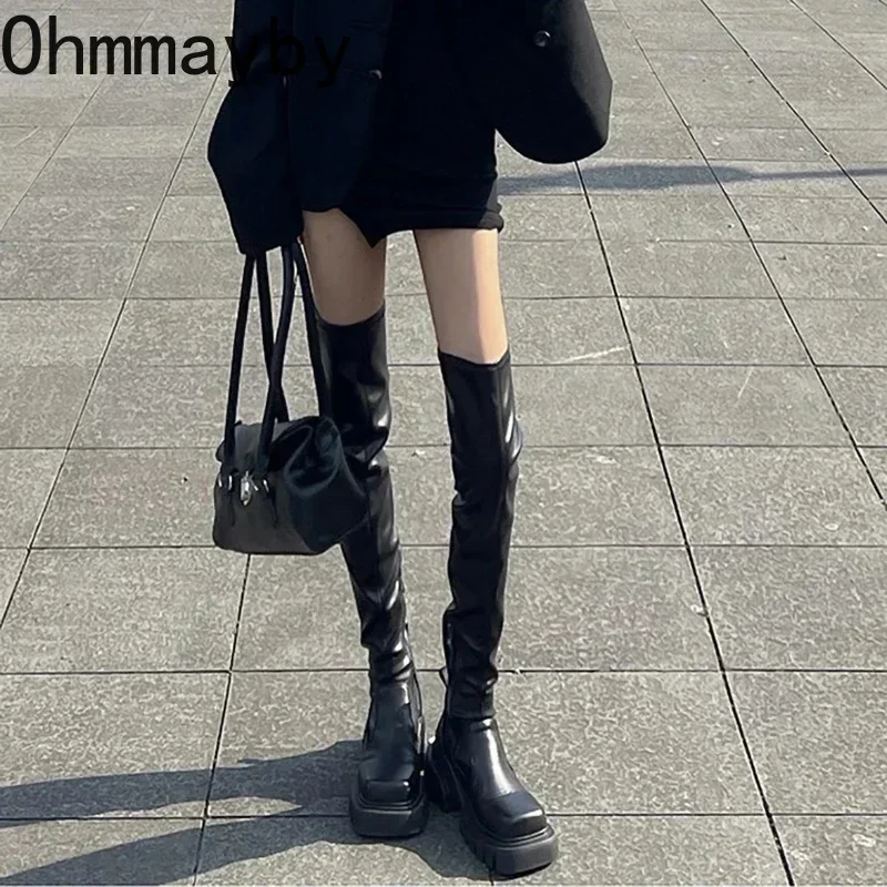 Elastic Slimming Women Over The Knee High Boots Fashion Back Zippers Shoes Square Heel Autumn Winter Ladies Knight Long Booties