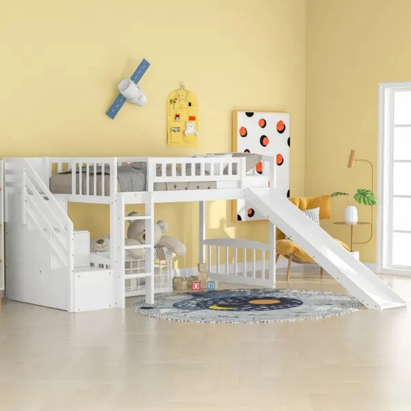 

Twin Over Twin Bunk Bed with Slide and Ladder Solid Wood Low Bunk Beds for Kids w/Safety Guardrails No Box Spring Needed