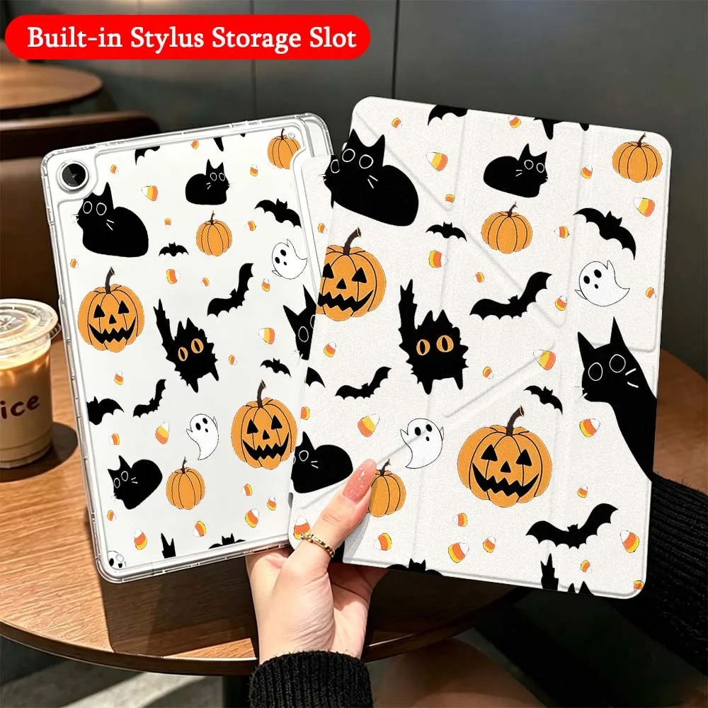 Halloween Pumpkin Pattern For Samsung Galaxy Tab A9 A8 A11 S6 S7 S8 S9 S10 FE Plus Lite Transparent Y-Shaped Folding Tablet Case