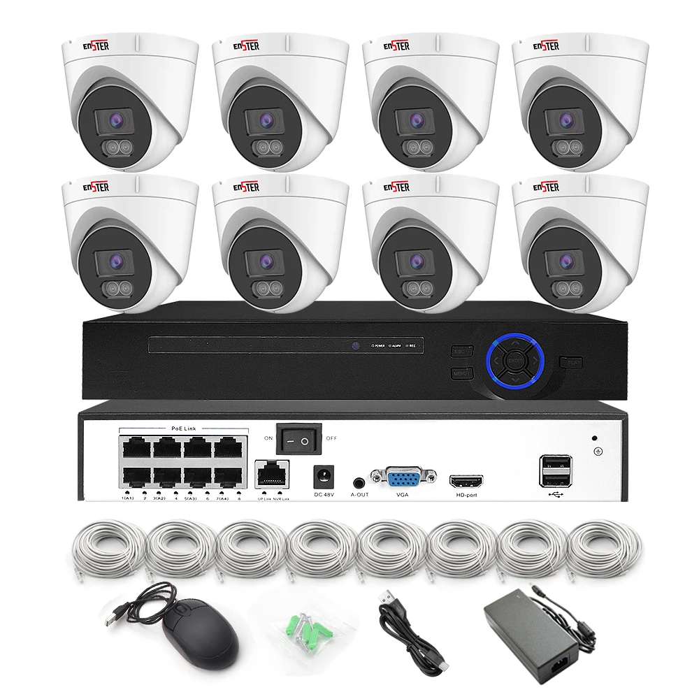 ENSTER OEM Full Color Motion Detection Turret 5MP 4K 8 Channel Night Vision POE HD IP Security Network Surveillancea System