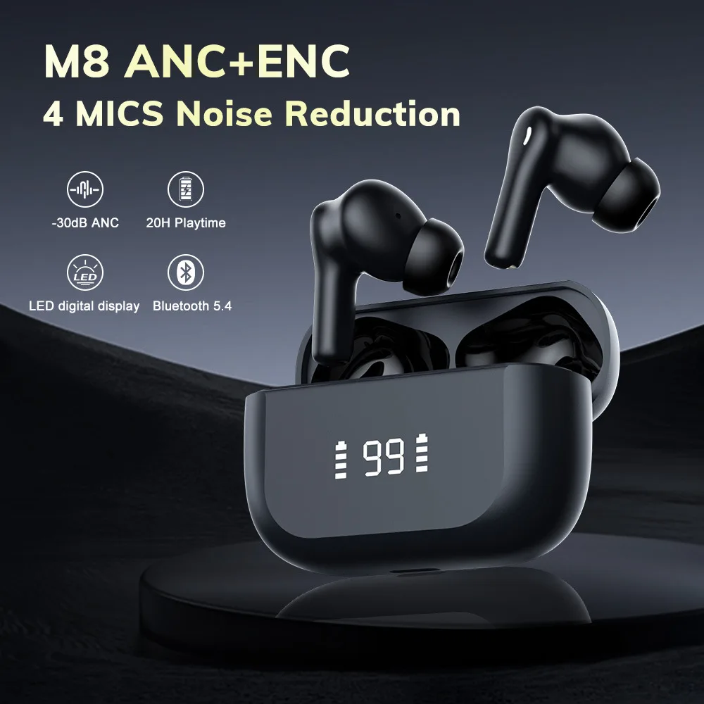 Bluetooth headset m8anc+enc active noise reduction bluetooth headset new arrival smart display long battery life