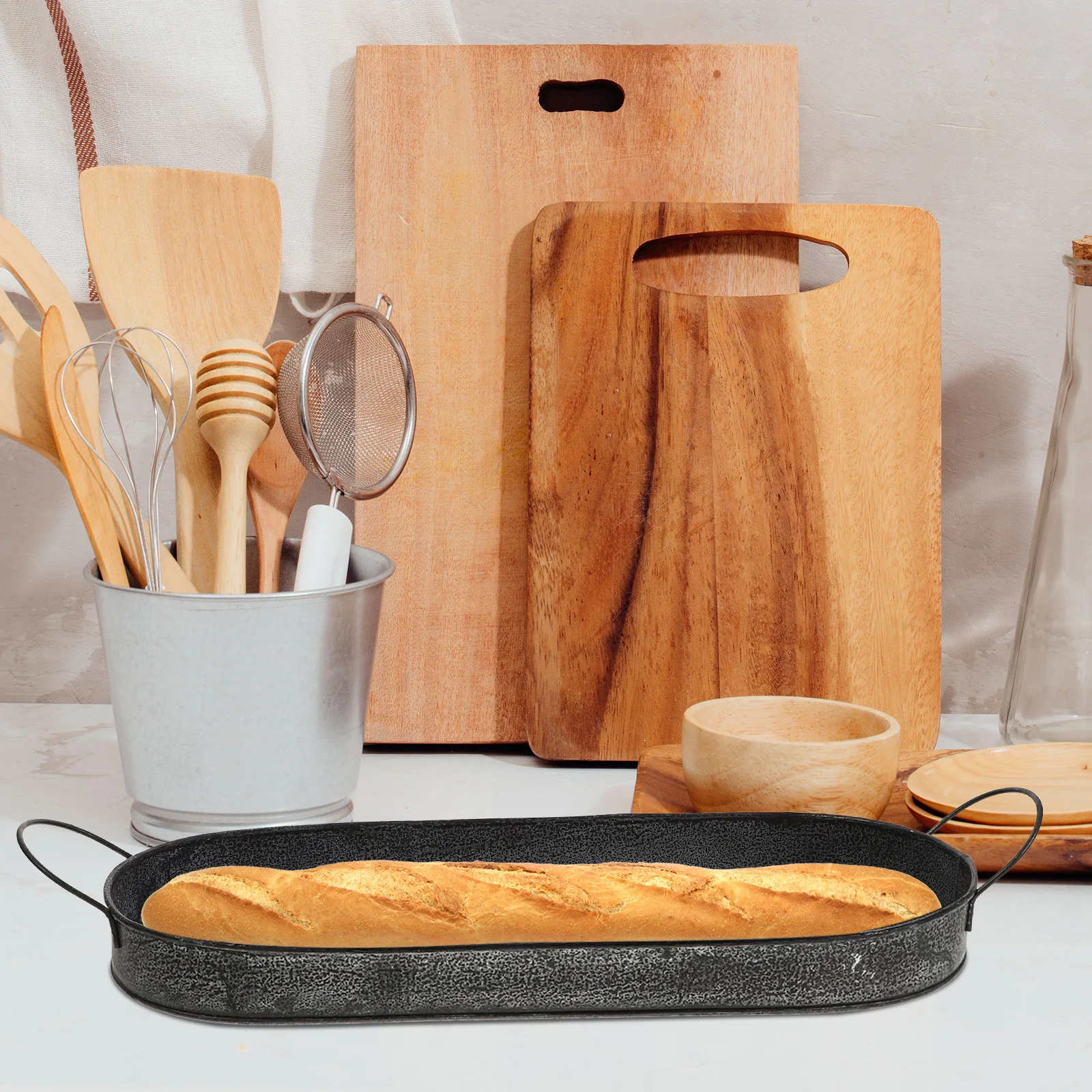 

Vintage Metal Tray Rustic Bread Tray Oval Serving Plate with Handles Farmhouse Decorative Industrial Style Food Photography Prop