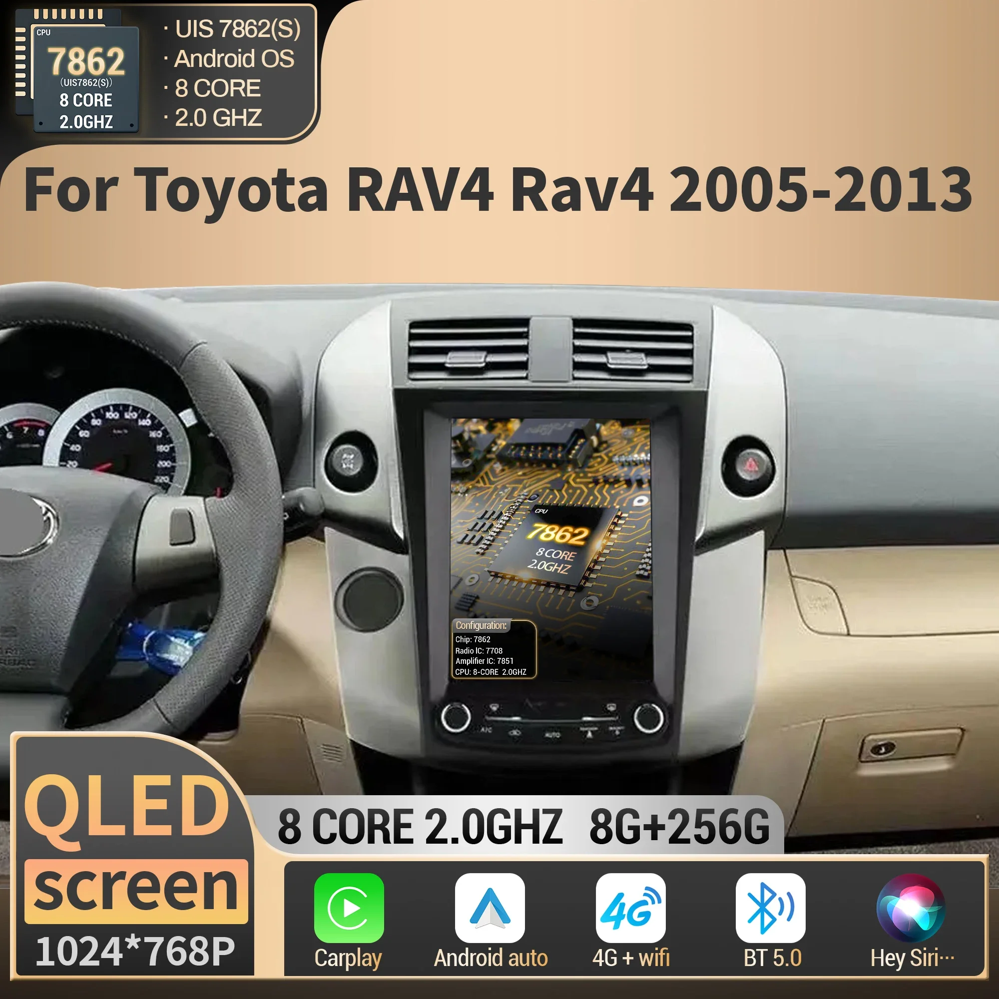 9.7 Inch Car Radio Multimedia For Toyota RAV4 Rav4 2005 2006 2007 2008 2009 2010 2011-2013 Wireless BT Carplay QLED Screen