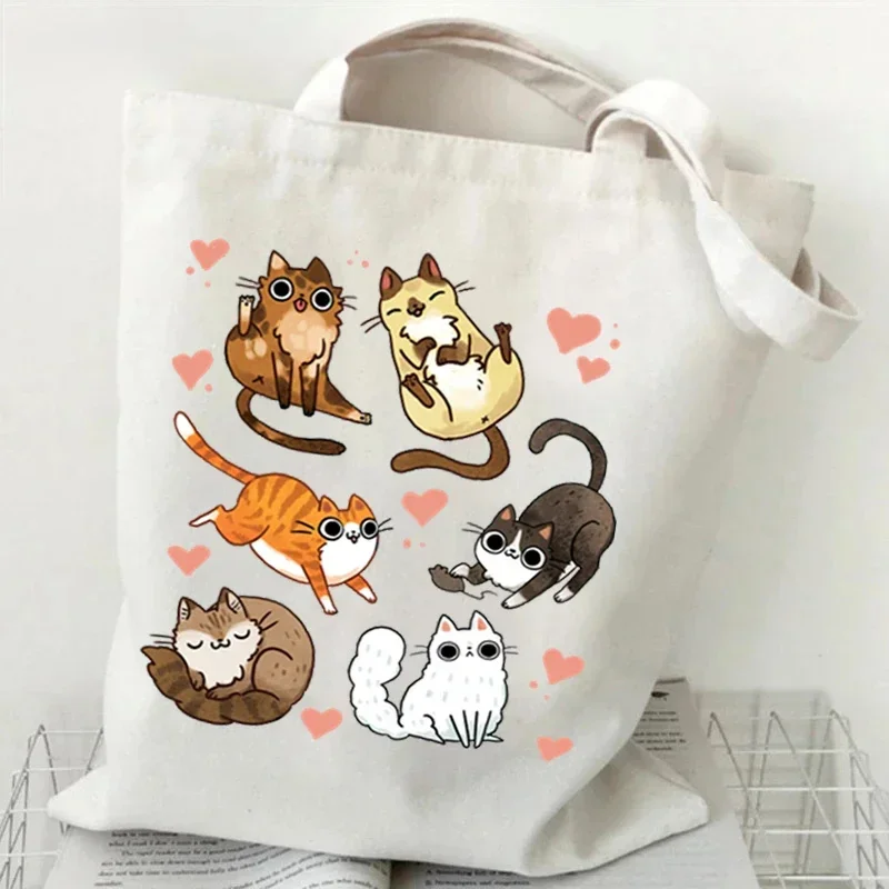 

Women Canvas Handbags Funny Cats Print Female Reuseable Shopping Bag Student Cartoon Cute Kitten Tote Bags Woman Shoulder Bag