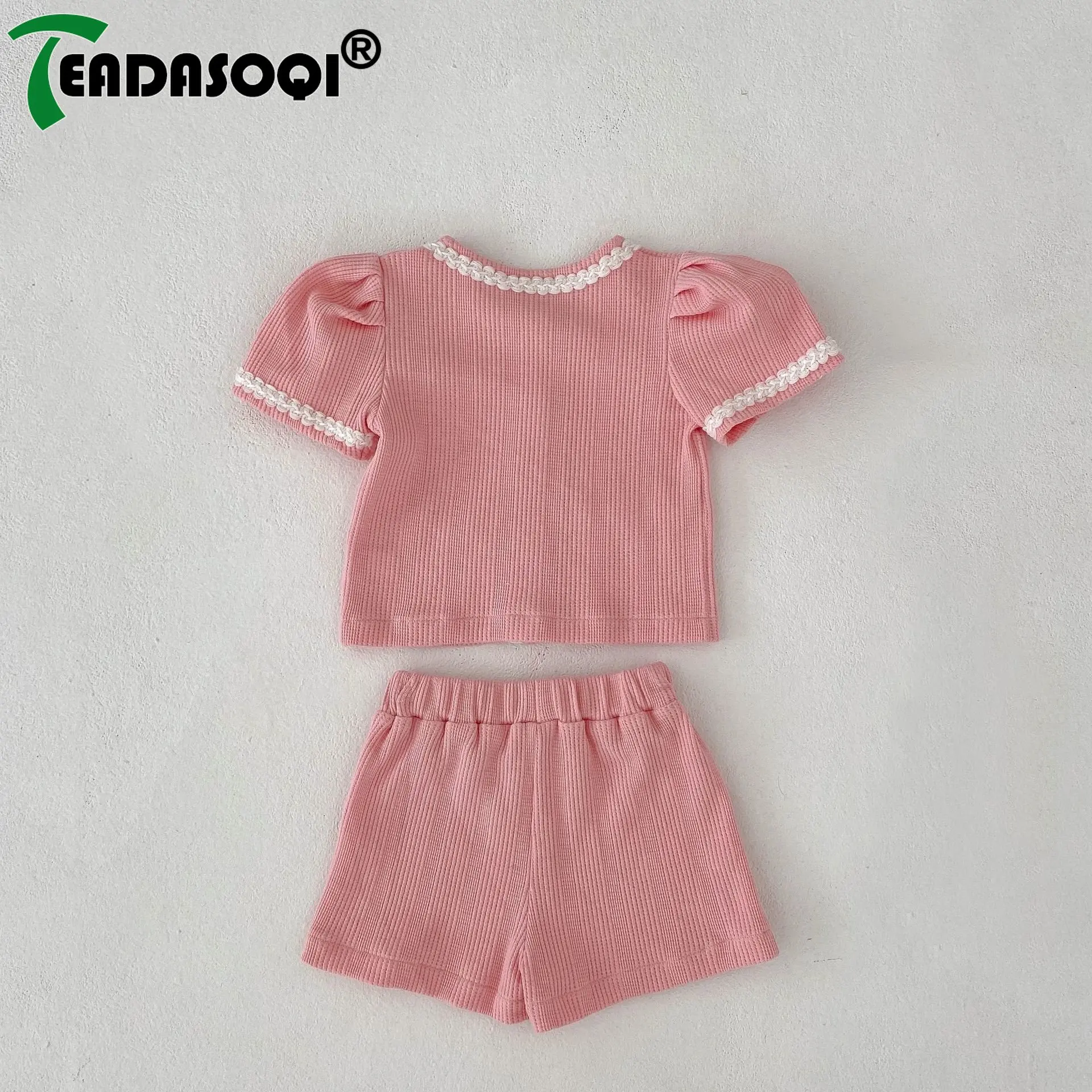 

2023 New In Clothing Set 2pcs Summer Kids Baby Girls Puff Sleeve Patch Single-breasted Top Coat+shorts Infant Toddler Elegant