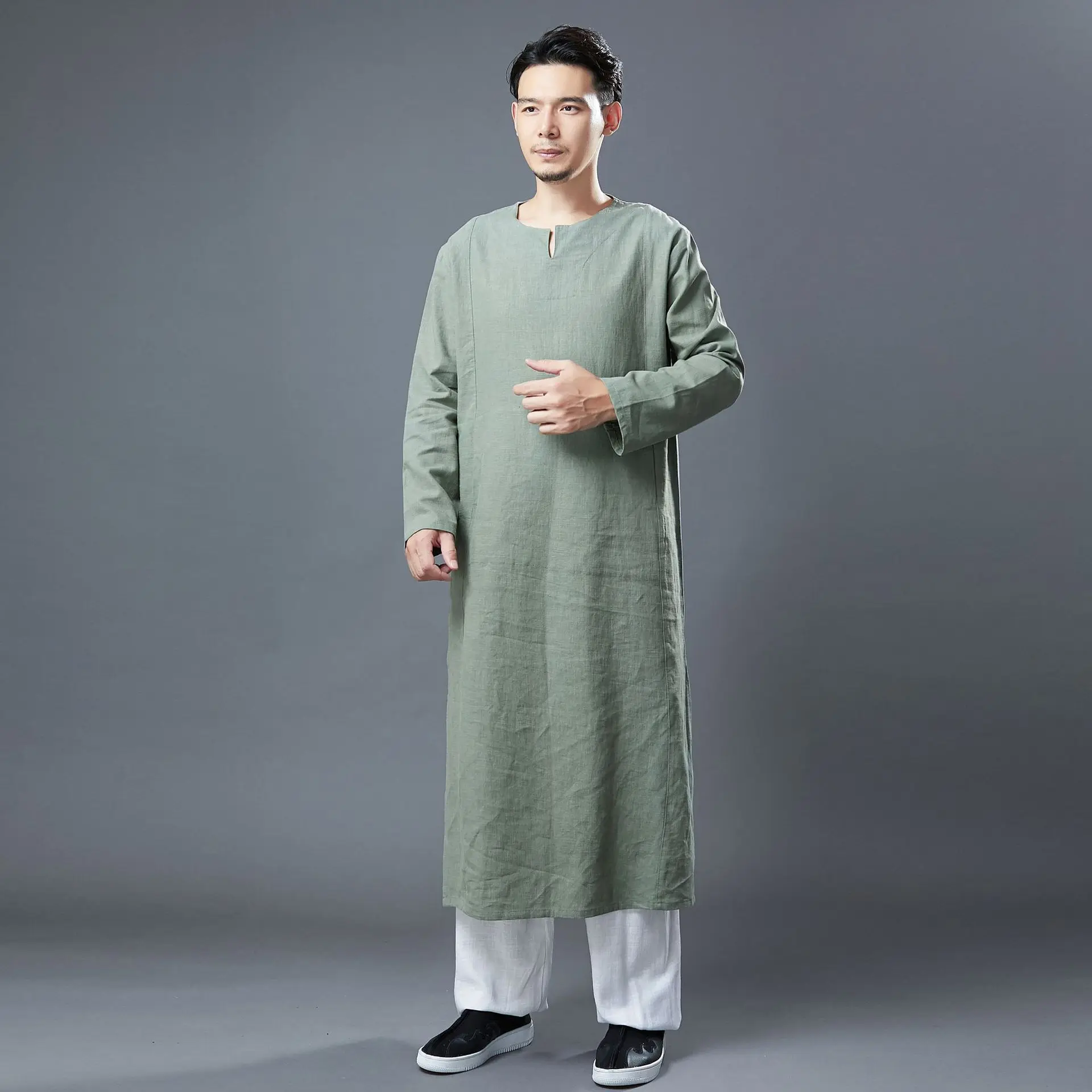 Cotton Linen Men's Robe Ramie Collar Tai Ji Suit Martial Arts Kung Fu Performance Pure Color Split Zen Tea Clothes