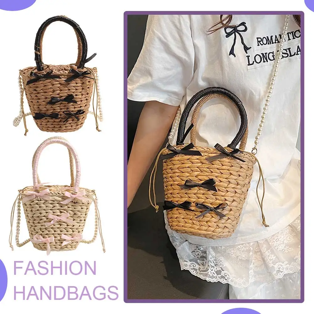 

Cute Bow Woven Beach Bag with Pearl Chain Strap Vacation Bag Large Holiday Travel Handbag Crossbody Bag for Women