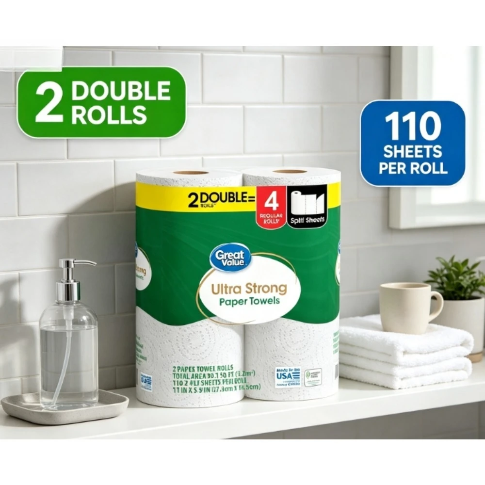 Ultra Strong 2‑Ply White Paper Towels 2 Double Rolls, Equivalent to 4 Regular Rolls Split‑Size Absorbent Kitchen Towels