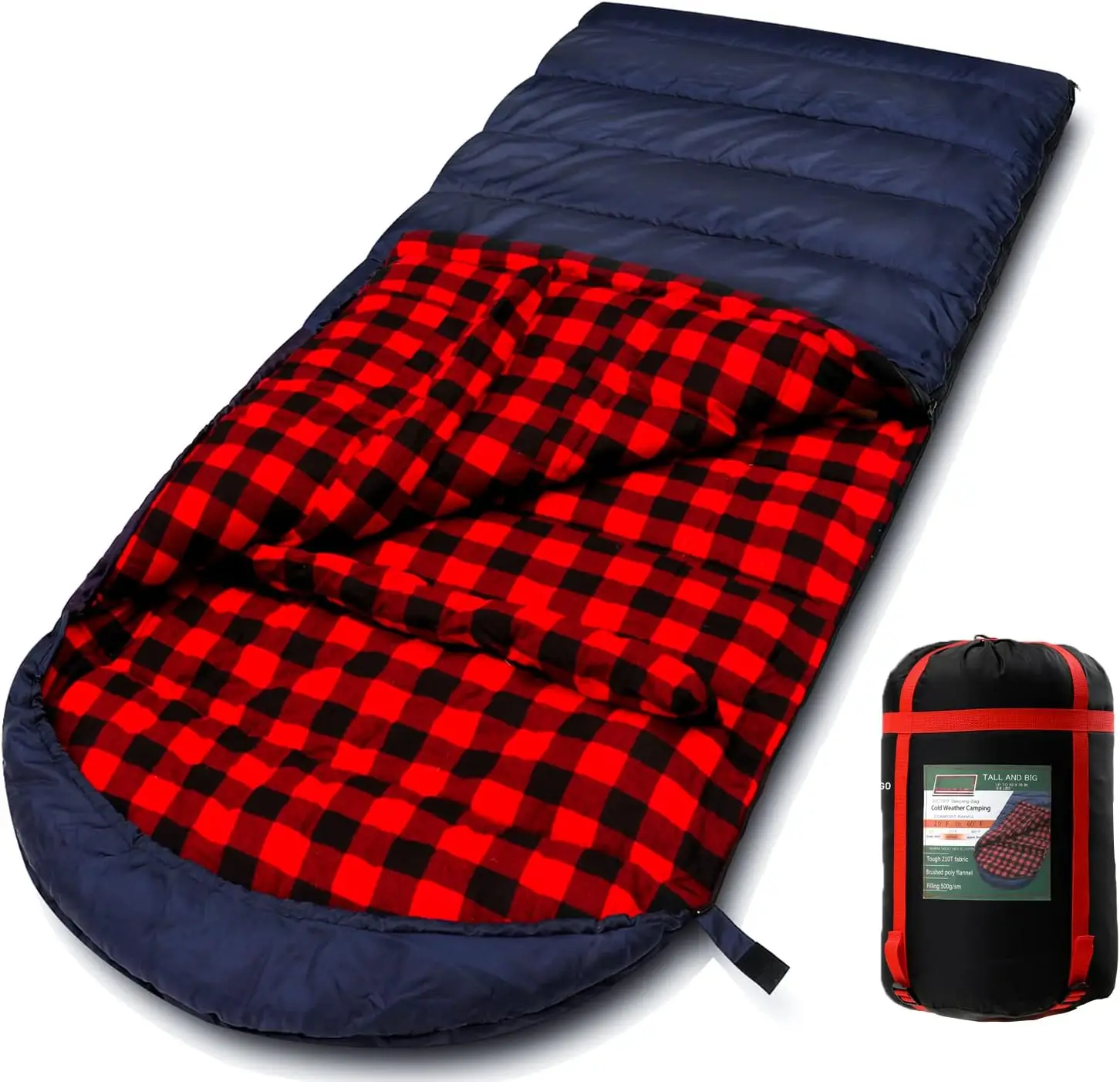 

Cotton Flannel Sleeping Bag for Adults, Cold Weather Camping, Zero Degree Warmth, Big and Tall Size