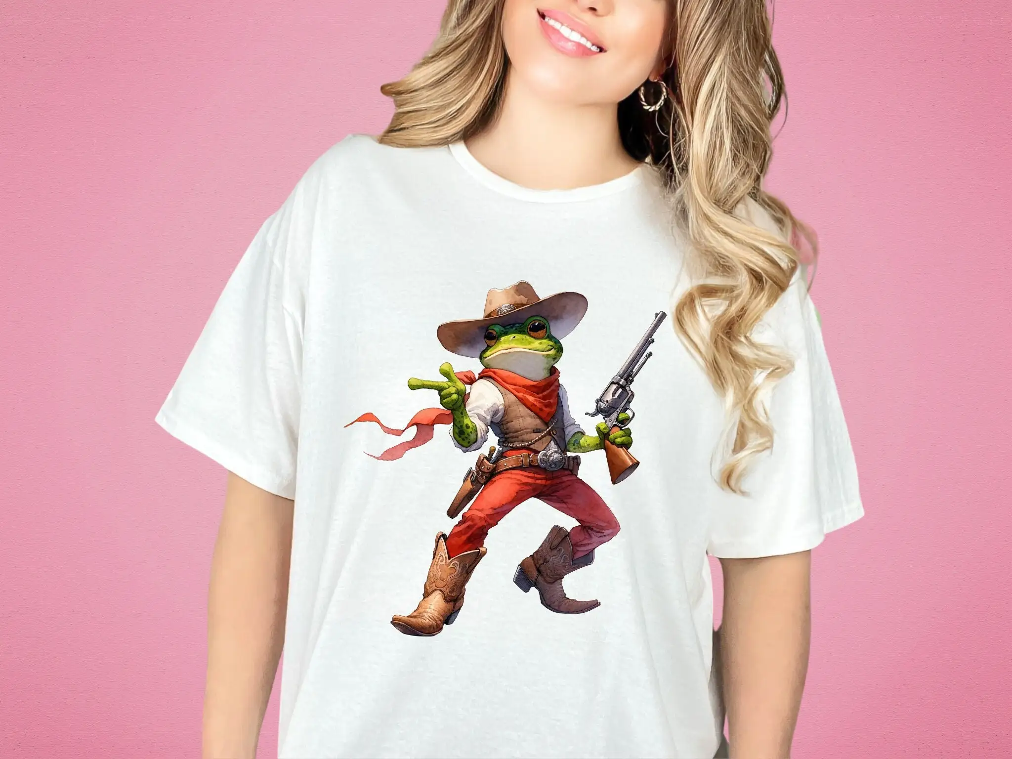 Unique Watercolor Cowboy Frog T Shirt Western Revolver Gun Print DTG Artistic Amphibian Top Design