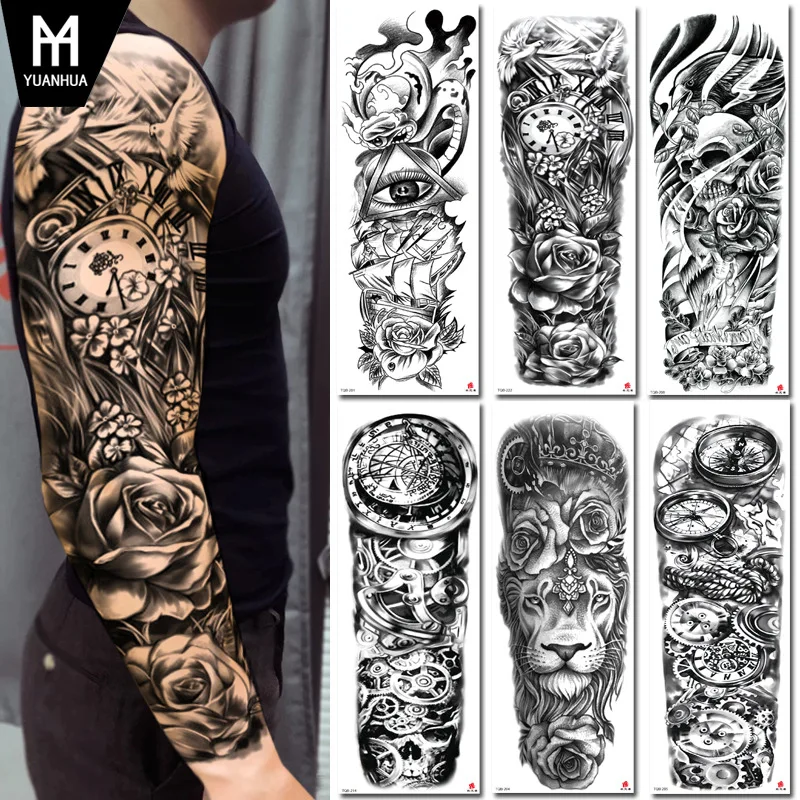 Full Arm Tattoo Waterproof Temporary StickerCool Skull Fish Dragon Lion Clock Men Women Art Fake Sticker Glitter Style