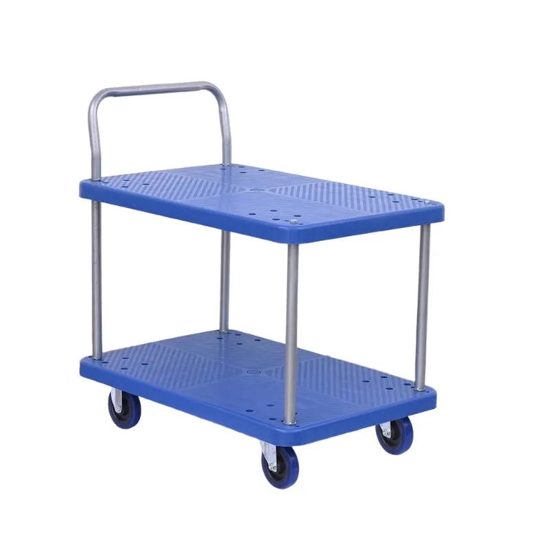 Ergonomic Four-Wheel Plastic Platform Truck with Guardrails & Grip Two-Tier Stacking Cart for E-Commerce Fulfillment (OEM)