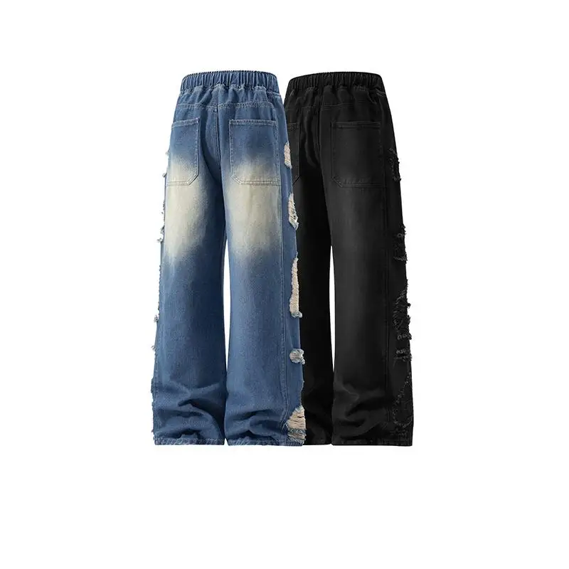 M-XXXL Men's Autumn Vintage Washed Jeans American Style Distressed Casual Denim Pants with Side Rips & Drawstring Elastic Waist
