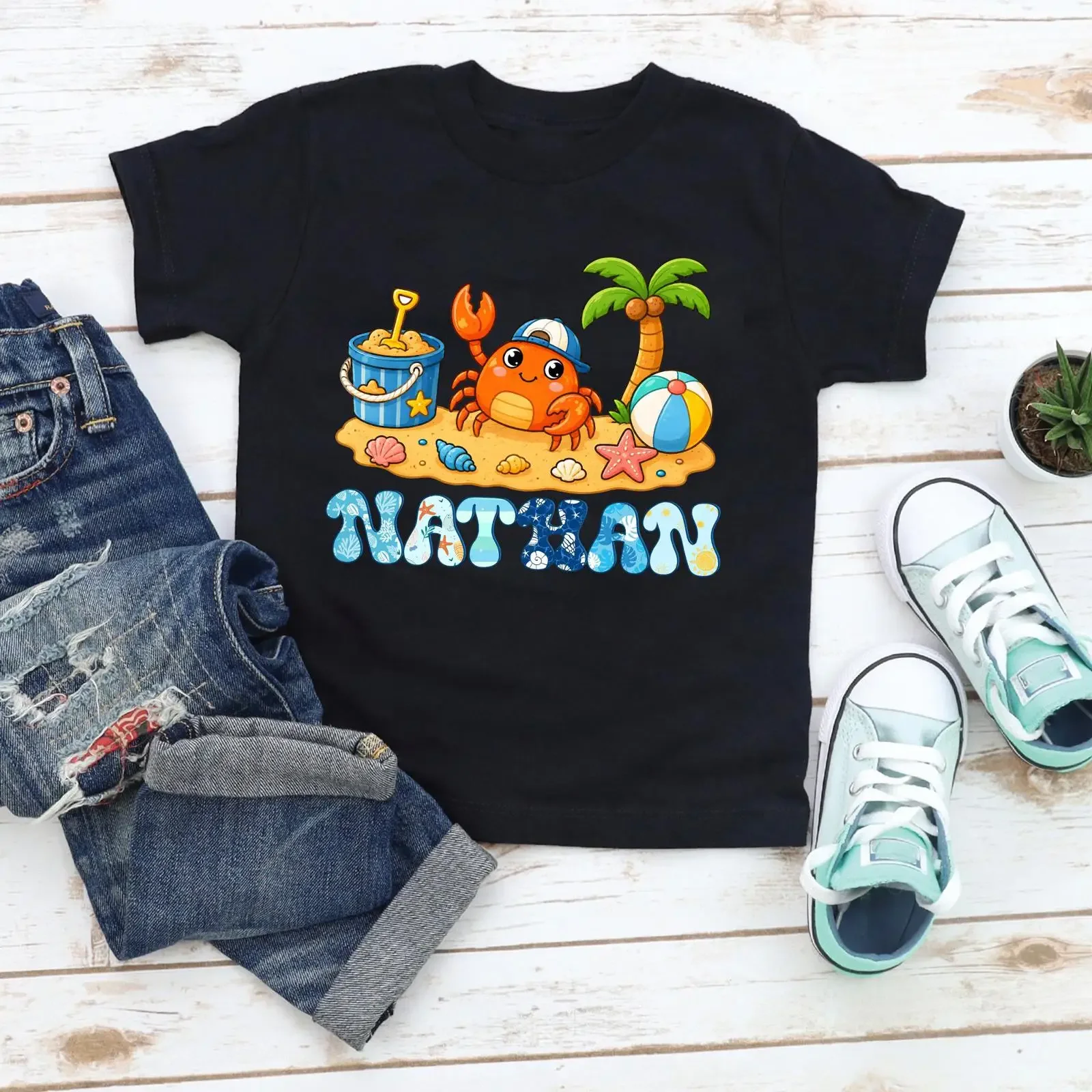 Personalisiertes Strandkrabben-T-Shirt für Kinder, personalisiertes Sommer-Outfit für Kleinkinder, Jungen und Mädchen, Vintage-Washed-Grafik-Streetwear