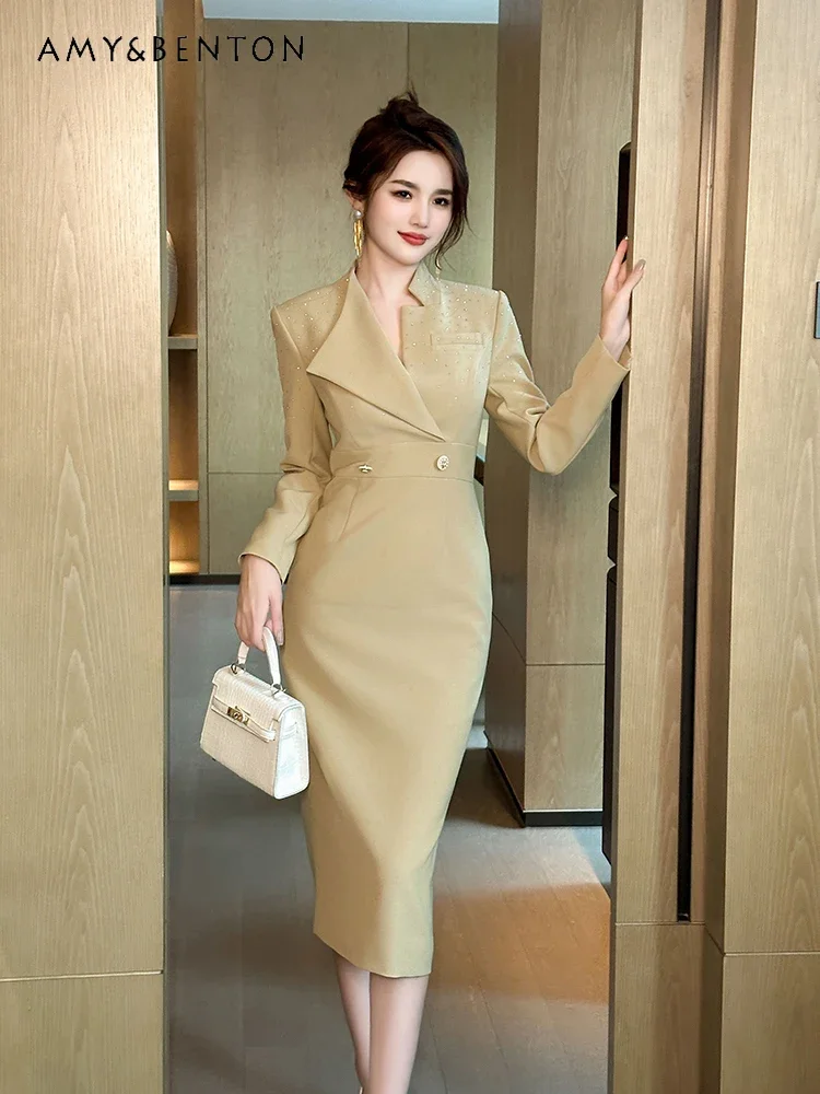 

Commuter Style Elegant Suit Dress Autumn Professional Dresses High Sense Cross Neck Double Breasted Workplace Dress for Women