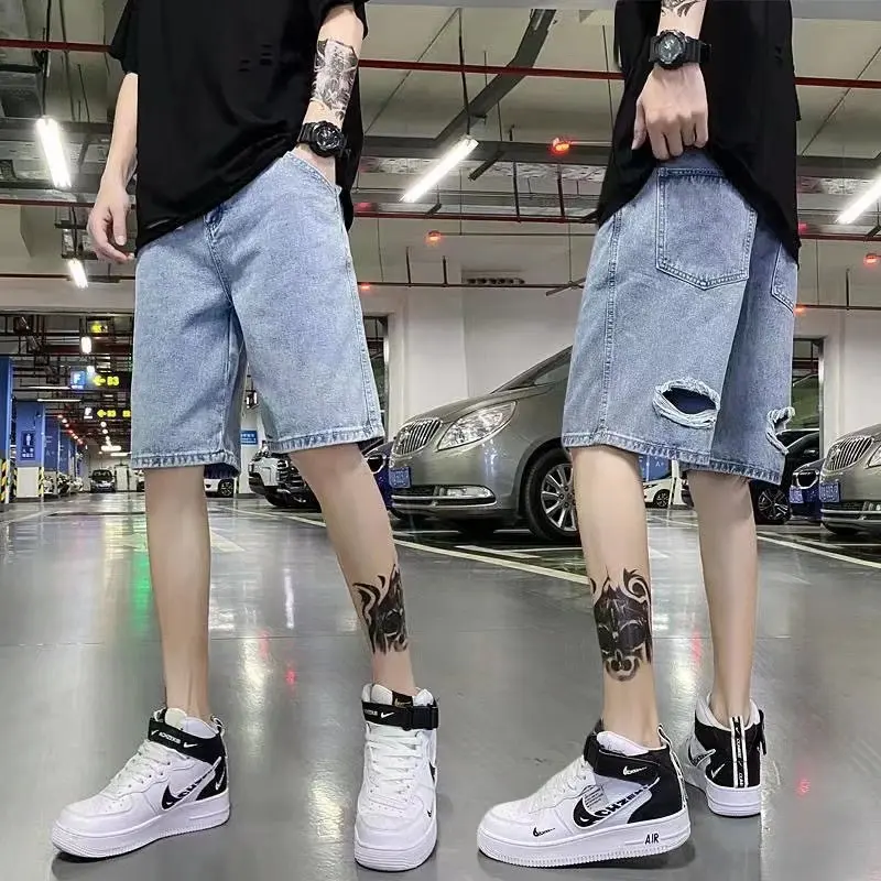 

Men's Summer Thin Denim orts Trendy Five-Point Pants Korean Hong Kong Sle Mid-Waist Straight Leg Cotton Casual orts