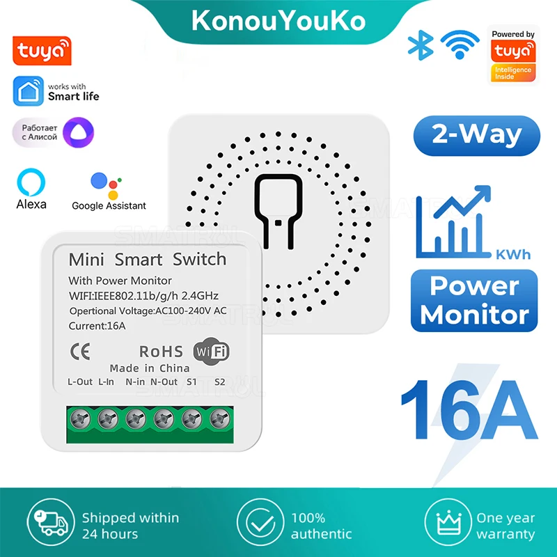 Tuya Smart Home Wifi Smart Switch Power Monitor 2 Way Control Timer Mini Switch Automation Works with Alexa Google Yandex