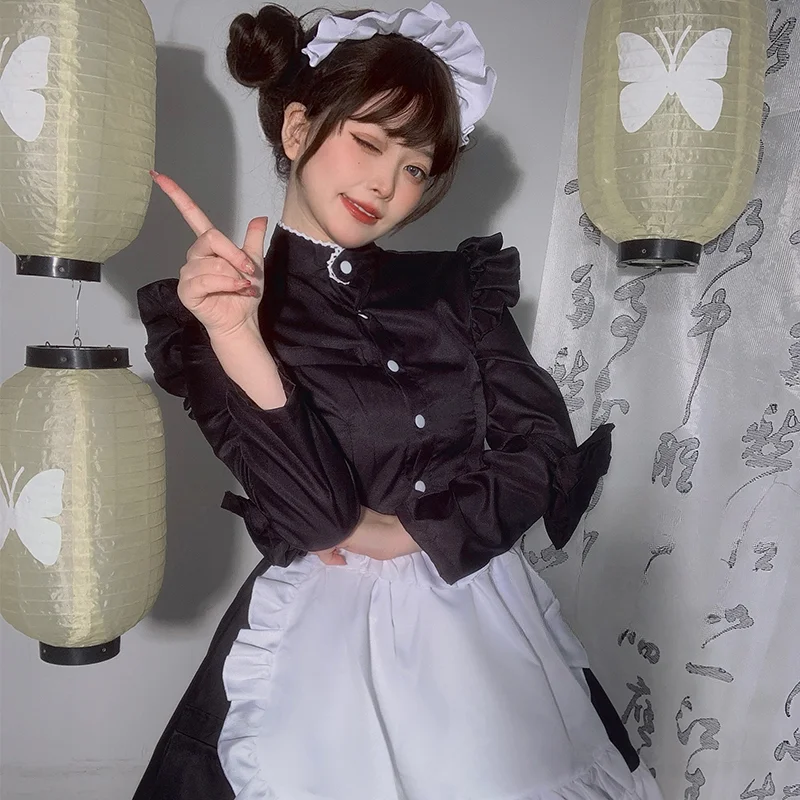 Anime japonês Uniforme de Empregada Lolita Preto Branco Manga Comprida Garçonete Café Amor Ao Vivo Trajes Cosplay Halloween Carnaval Roupas