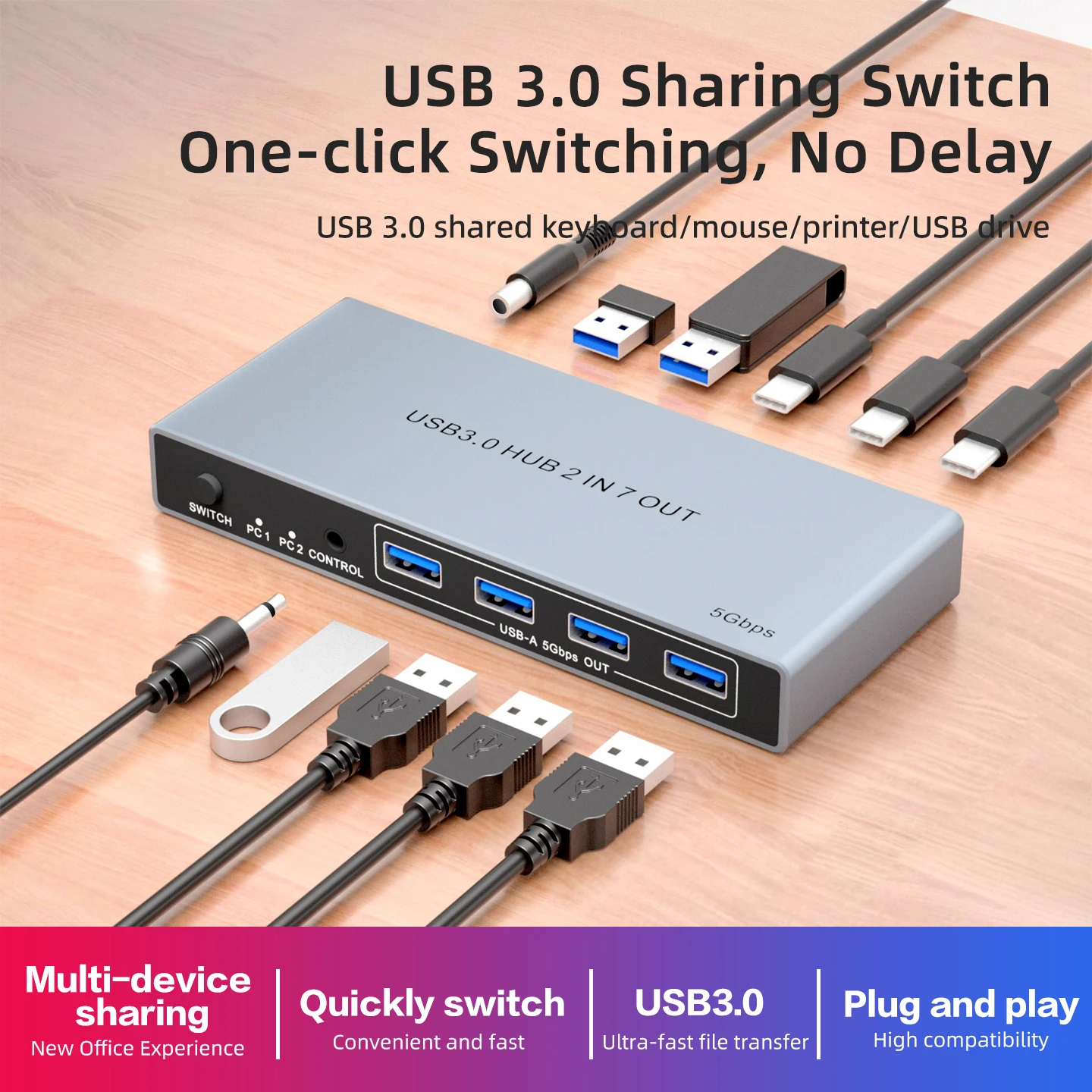 2-in 7-Out USB 3.0 Switch,USB Switcher for 2 Computers Share USB A & C Devices (4USB-A + 3USB-C),USB Switch Share Keyboard Mouse