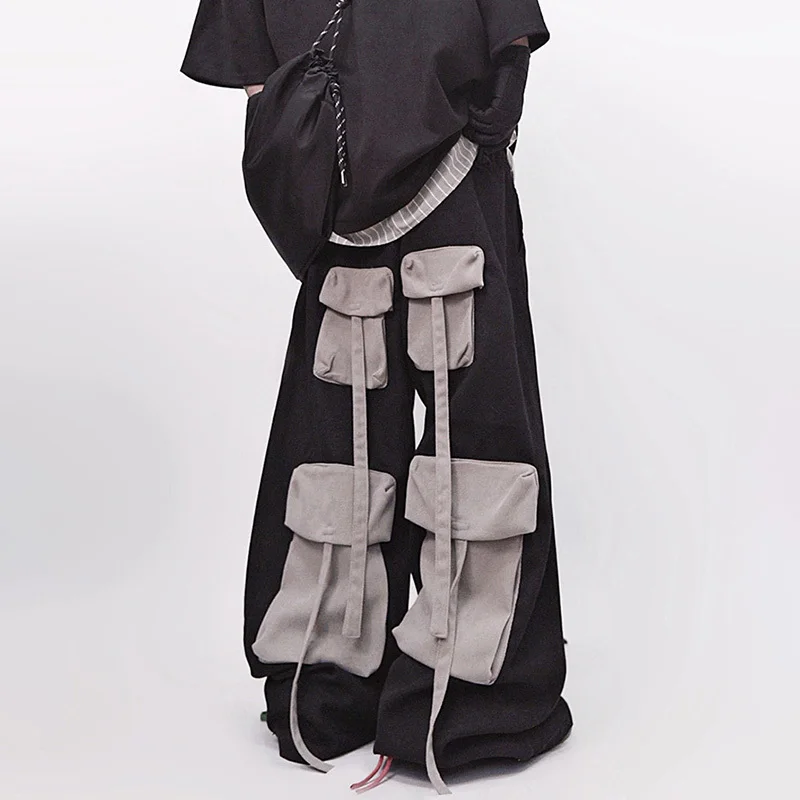 Luzhen bolsos de contraste de cor personalizados decorar design baggy calças casuais masculinas 2025 cintura elástica calças largas jy1949