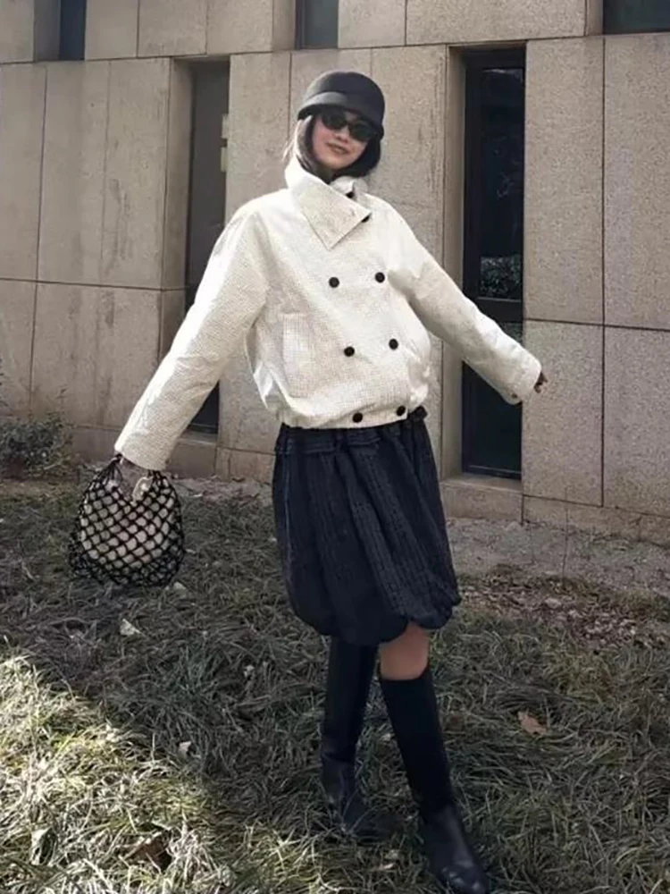 Lässiger Karierter Mantel mit Reverskragen für Damen, Eleganter Doppelreihiger Mantel mit Elastischem Bund, Langen Ärmeln, Locker Geschnittene Jacke, Herbst 2026 Alltags-Oberbekleidung – Detail 10