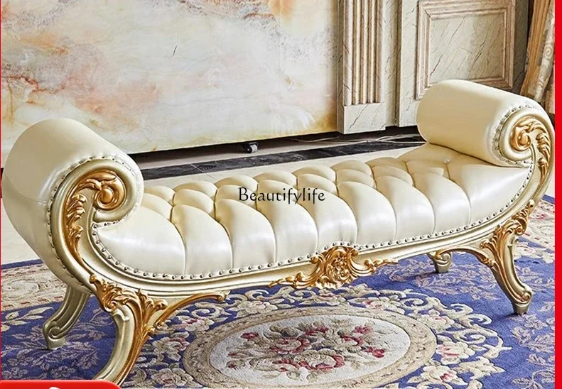 European style tail sofa stool pure solid wood French leather princess bedside couch bedroom furniture